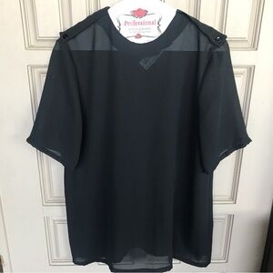Vintage Teddi Sheer Black Blouse SzL Epaulets Short Sleeves Crew Neck